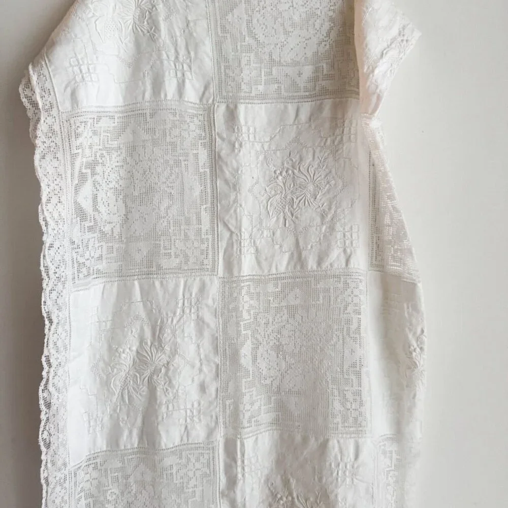 Vintage White Cotton Crochet Lace Embroidered Squares Table Covering Cloth